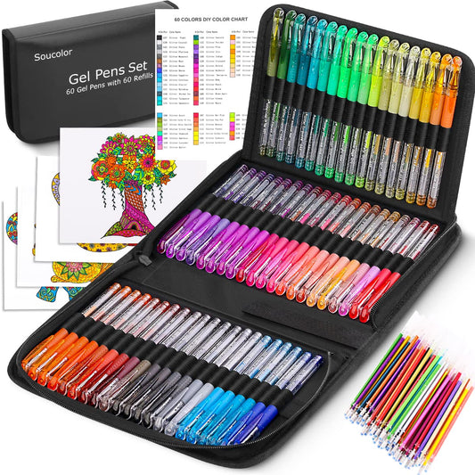 Soucolor Glitter Gel Pens for Adult Coloring Books, 120 Pack-60 Glitter Pens, 60 Refills and Travel Case, 40% More Ink Markers Set for Drawing Doodling Journaling Craft Art Supplies